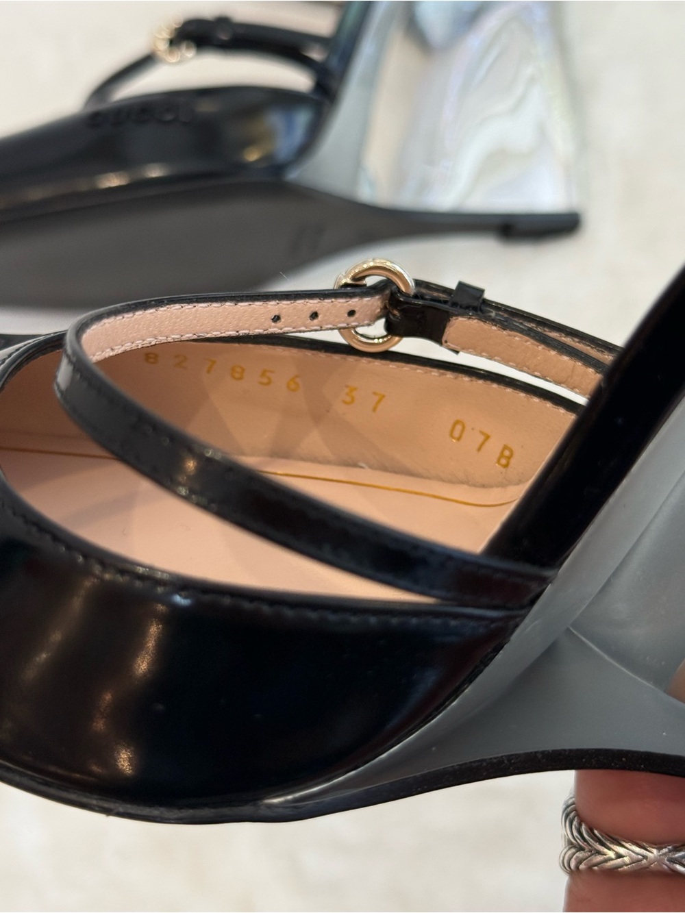 Gucci Black Patent Leather Pointed-Toe Clear Wedge Mules - Picture 11 of 12